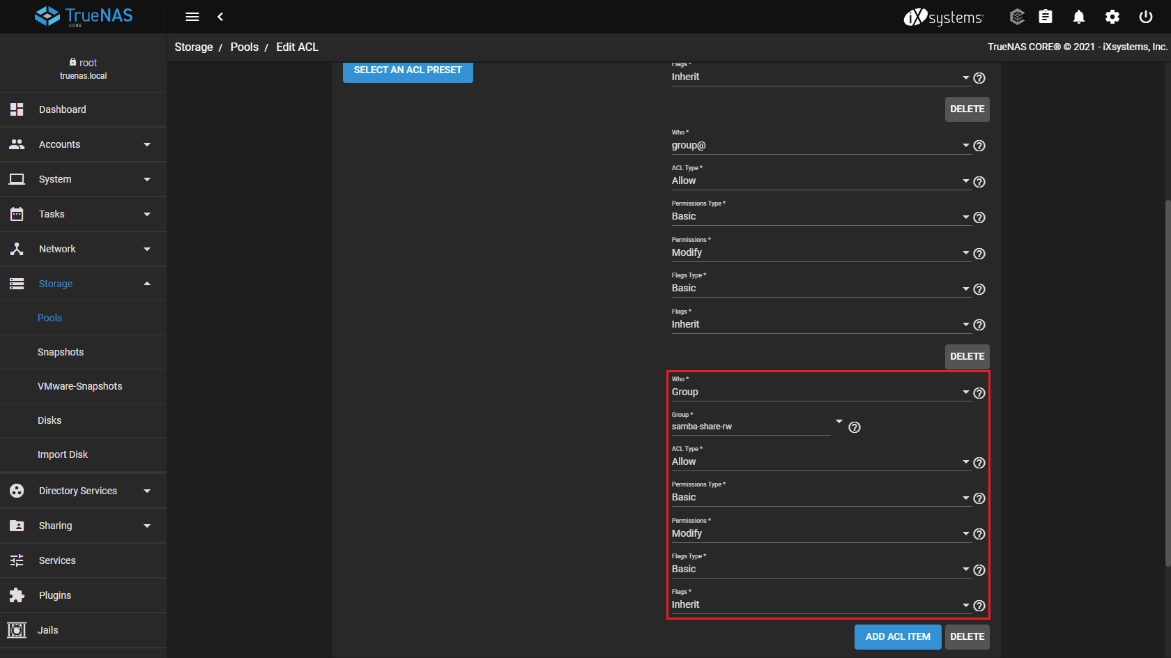 Add samba share ACL item