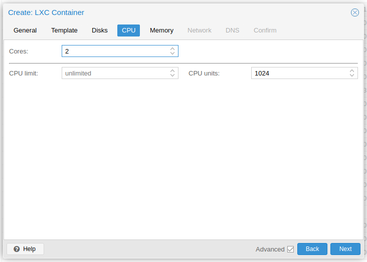 Enter amount of cores for container