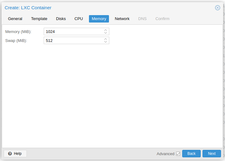 Enter amount of memory for container