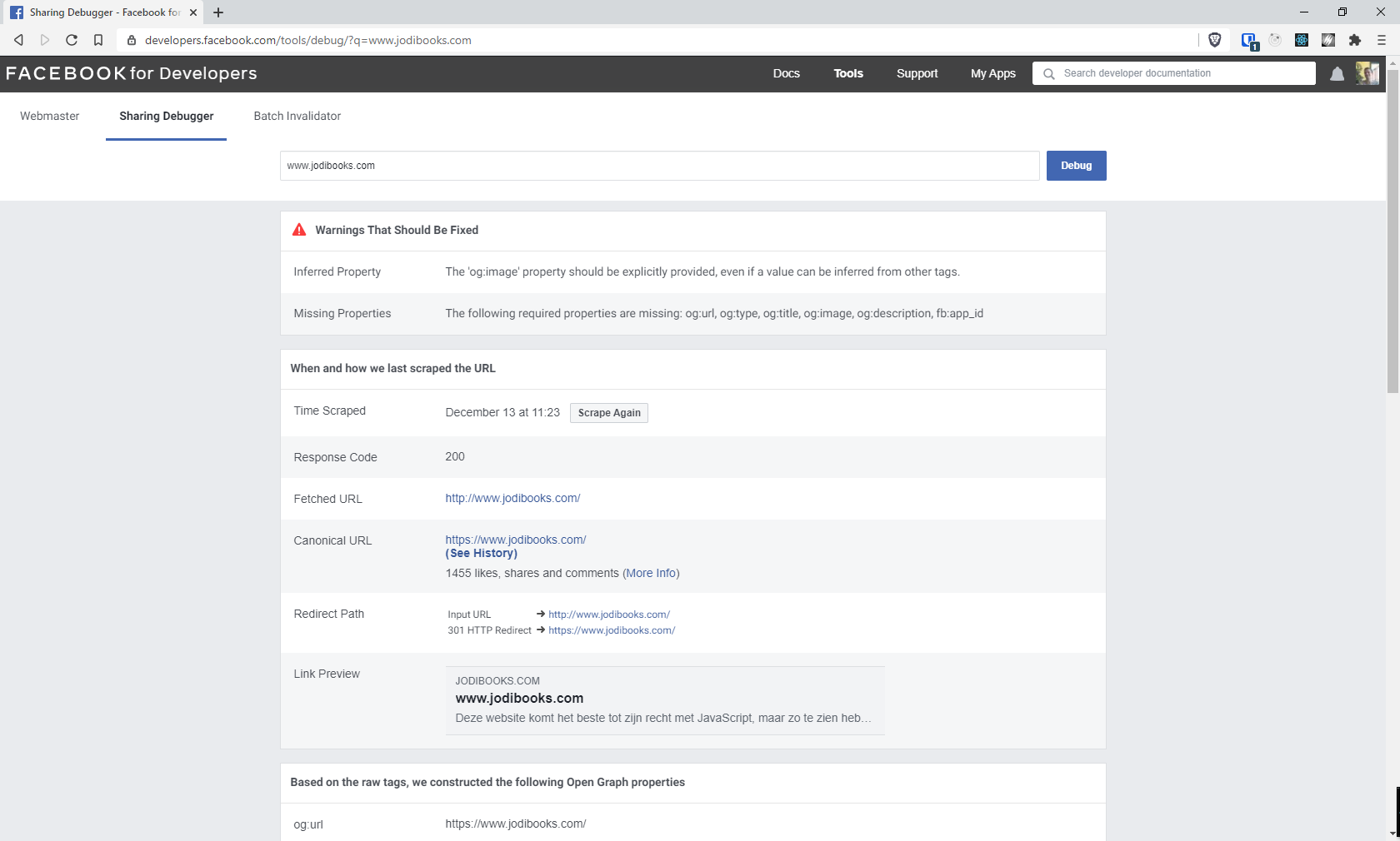 Facebook sharing debugger result for jodibooks.com with missing og: properties