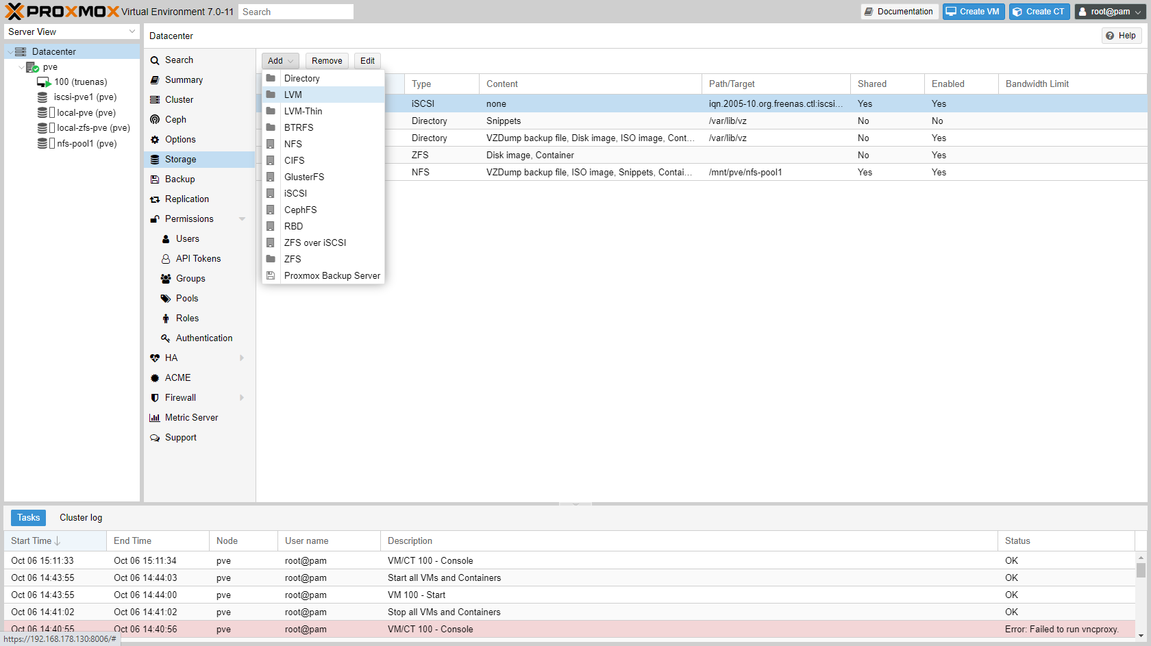 iSCSI pool available in Proxmox