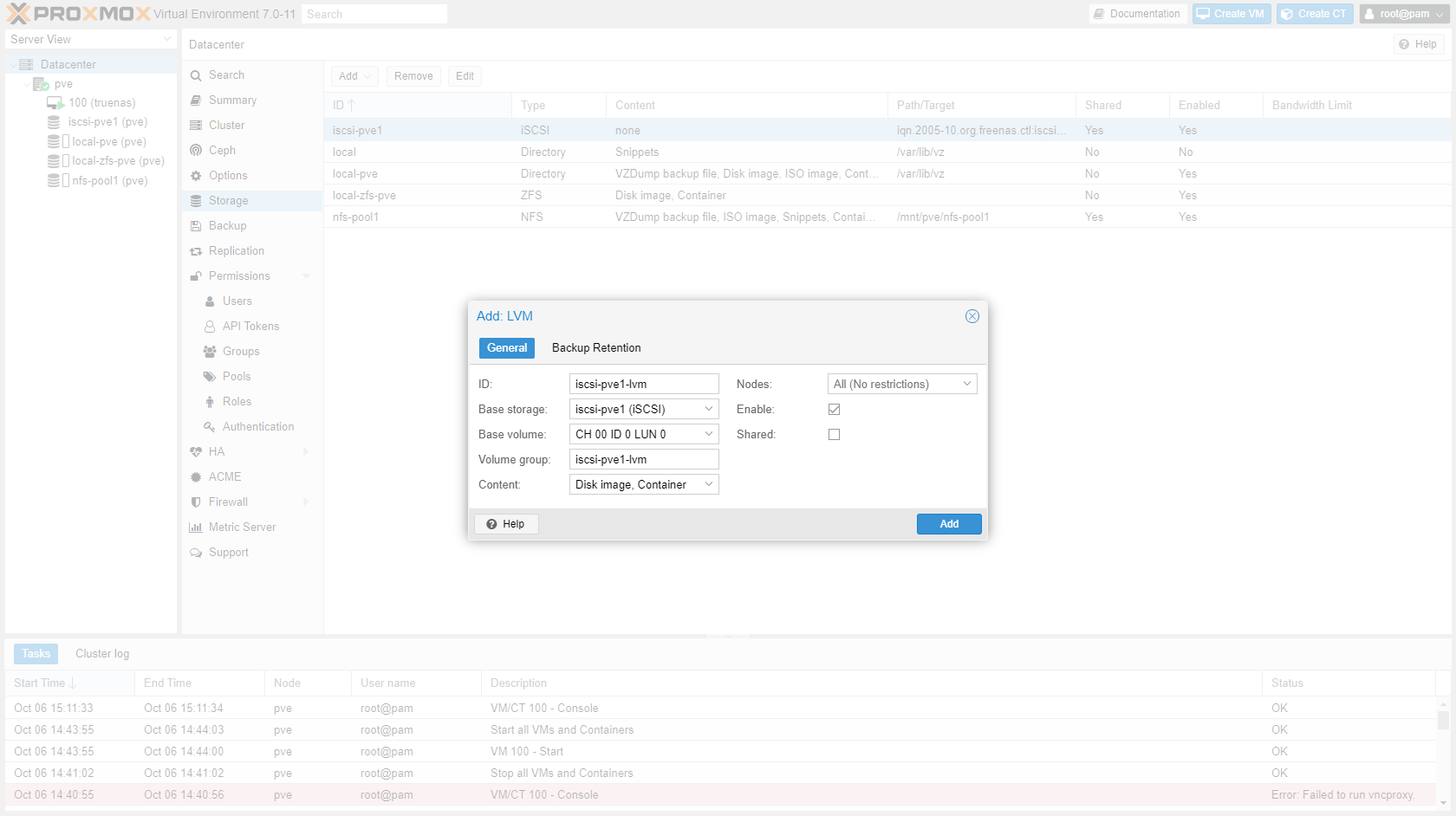 Create iSCSI LVM storage in Proxmox