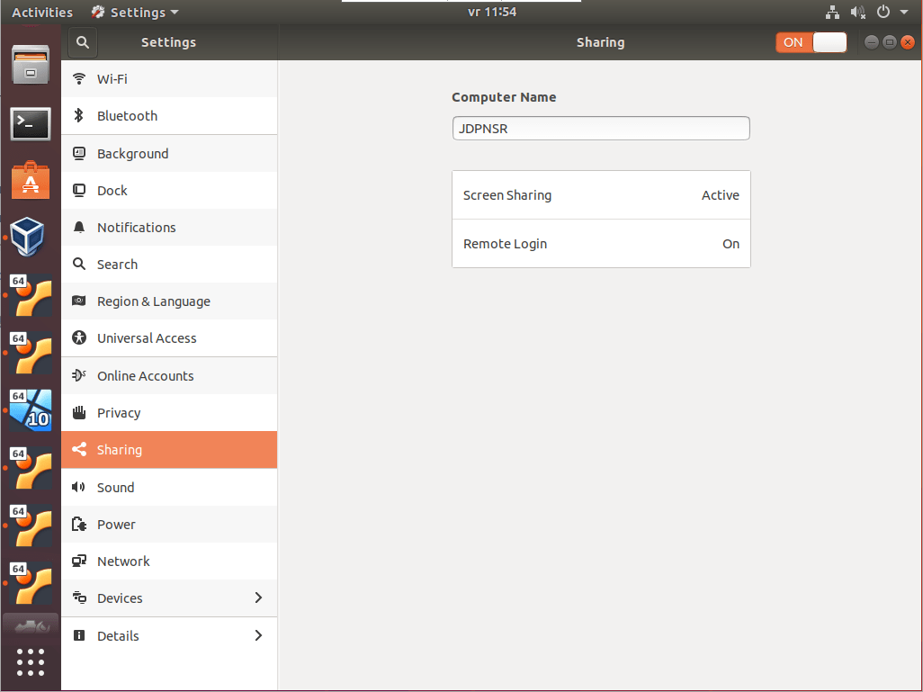 The Sharing screen in the Ubuntu settings app