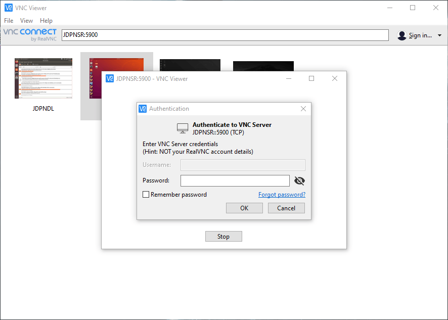 Connect to server with RealVNC viewer. When successful it will ask for the password.