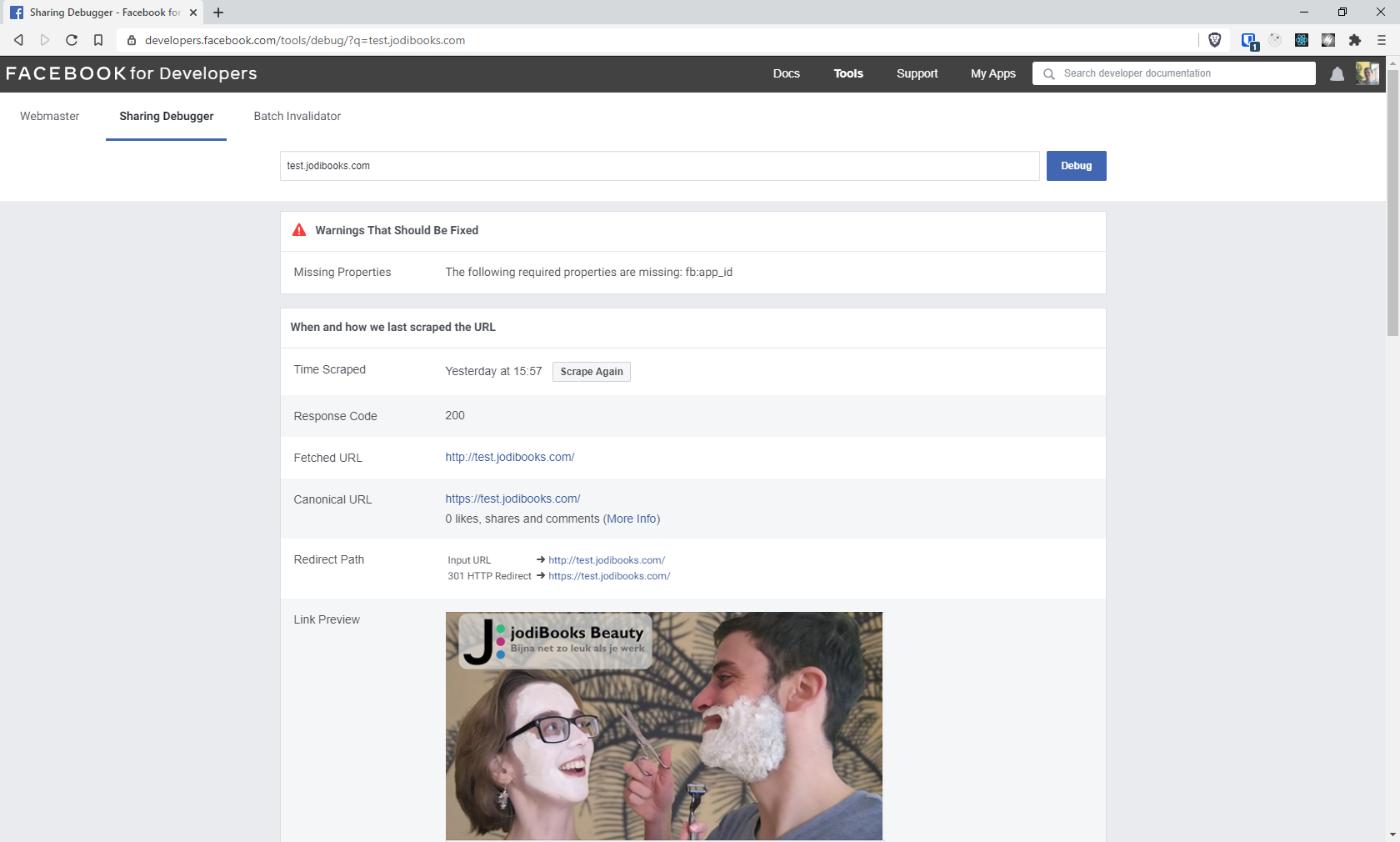 Facebook sharing debugger result for jodibooks.com without missing og: warnings