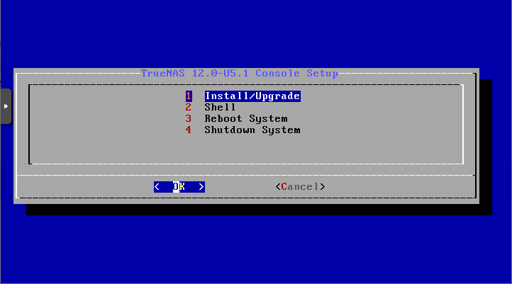 TrueNas installation menu