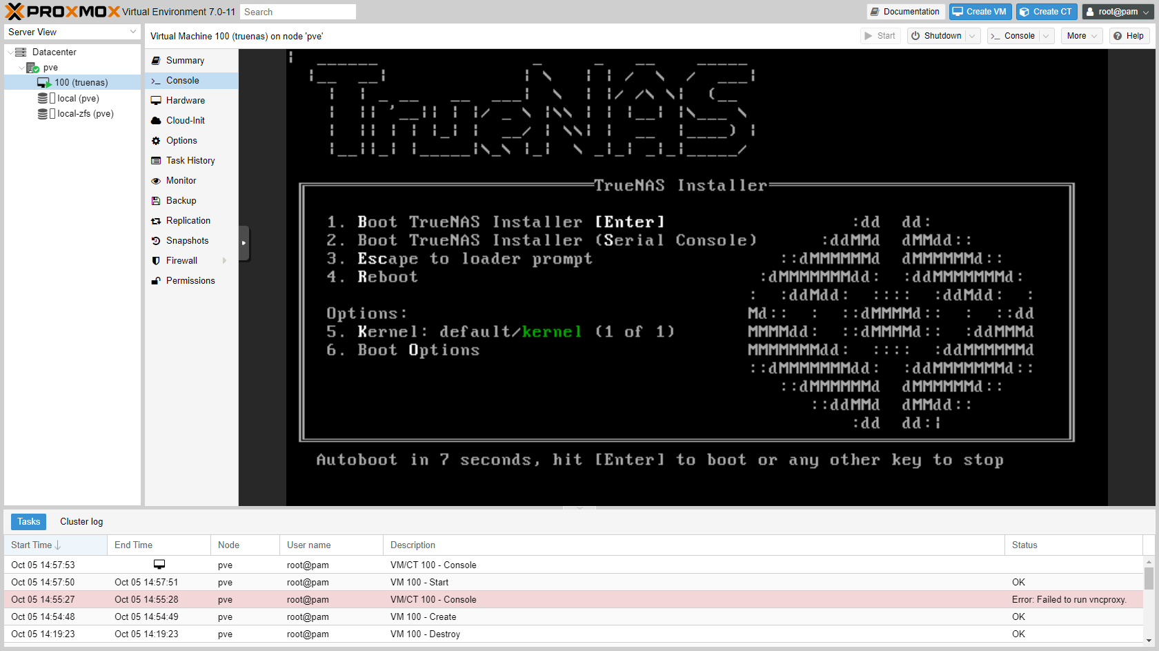 TrueNas installer in Proxmox console