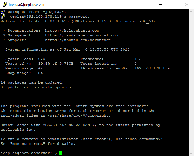 User connected to Ubuntu server in terminal.